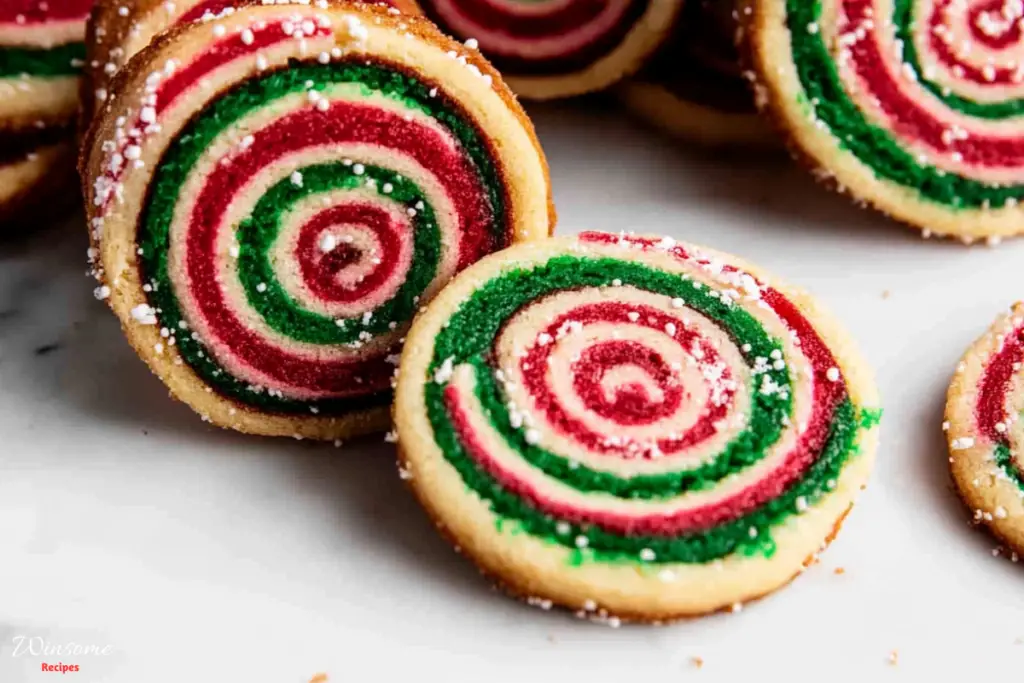 A close-up of a pinwheel cookie featuring vibrant red and green swirls, showcasing its festive and colorful design.