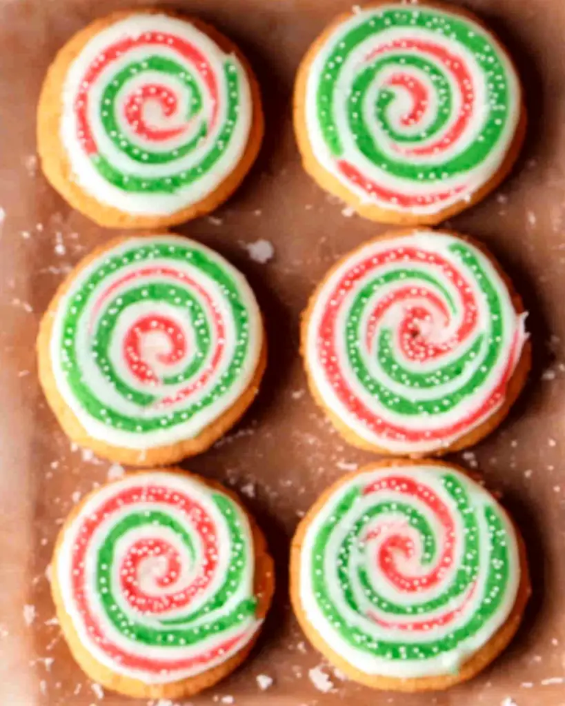 A cookie sheet displaying six festive pinwheel cookies adorned with vibrant red and green icing.