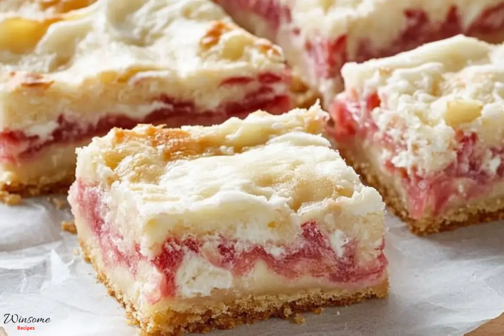 Delicious Rhubarb Custard Bars topped with a vibrant rhubarb custard, perfect for a sweet treat.