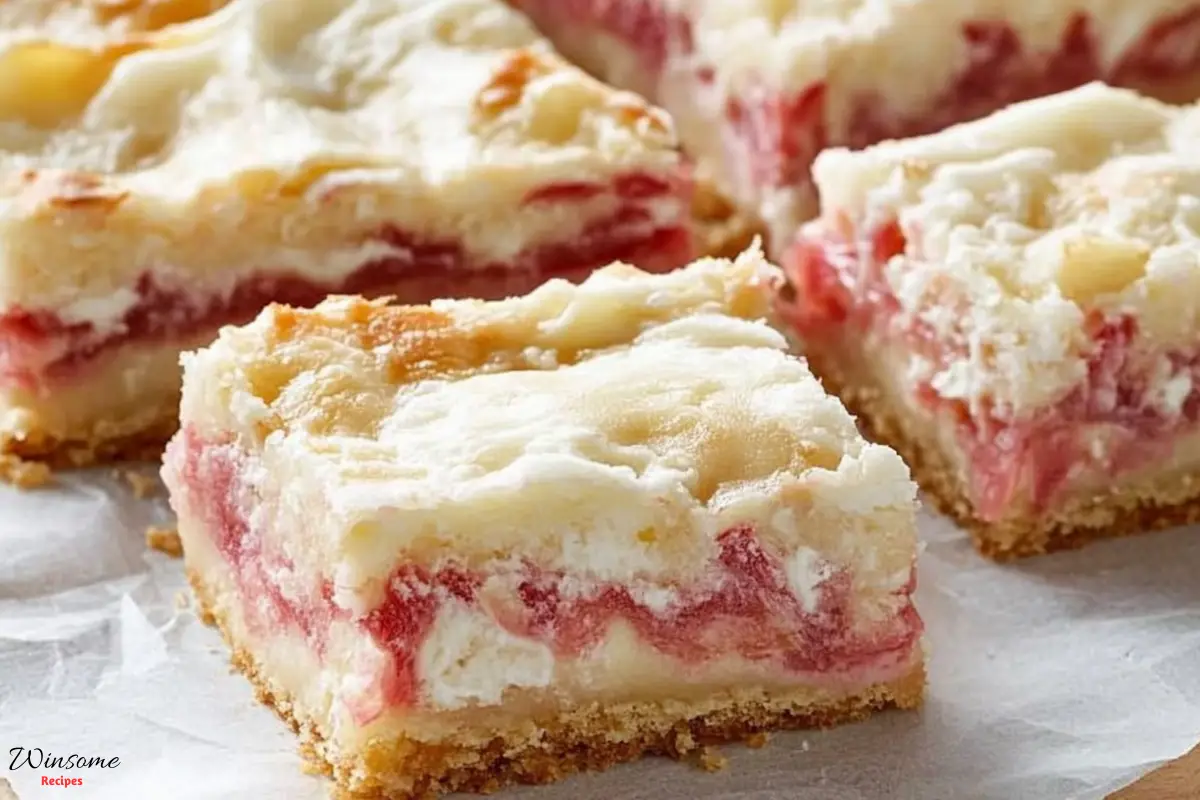 Delicious Rhubarb Custard Bars topped with a vibrant rhubarb custard, perfect for a sweet treat.