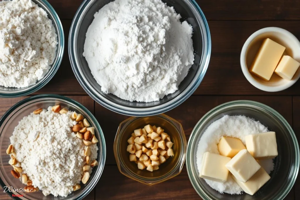 Ingredients for Snowball Cookies arranged in bowls, including flour, butter, sugar, and nuts, ready for baking.