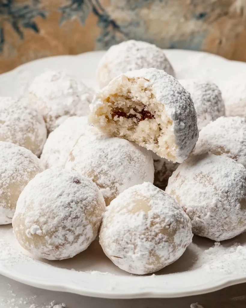 A plate of snowball cookies dusted with powdered sugar, with one cookie showing a bite taken out of it.