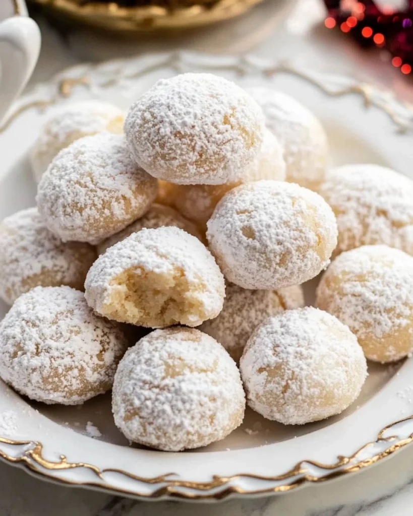 A beautifully arranged plate of snowball cookies, lightly sprinkled with powdered sugar, sits on a wooden table.
