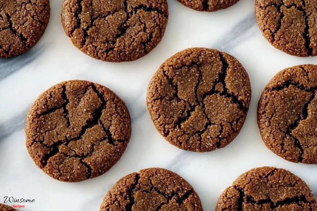 A close-up of a dozen soft molasses cookies arranged on a beautiful marble surface.