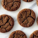 A close-up of a dozen soft molasses cookies arranged on a beautiful marble surface.