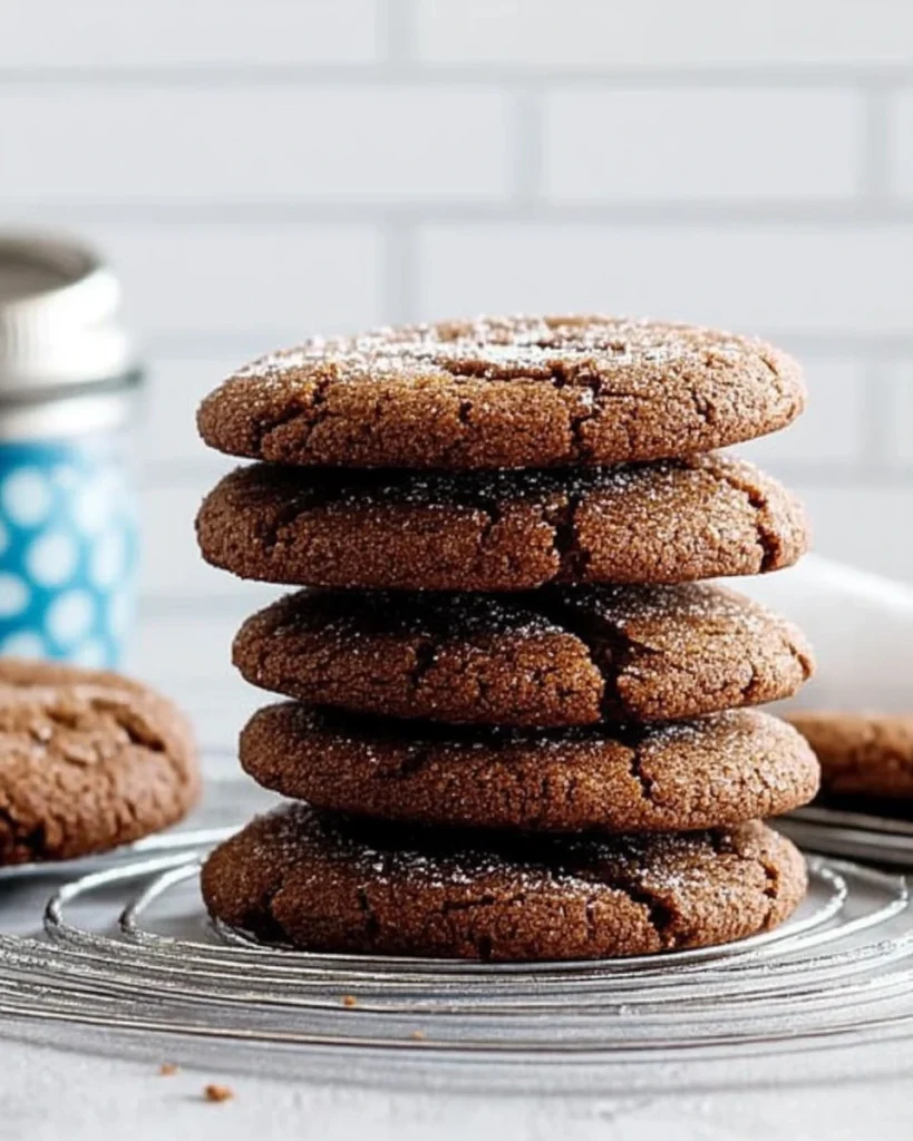 A stack of soft molasses cookies cooling on a wire rack, showcasing their rich, warm color and inviting texture.