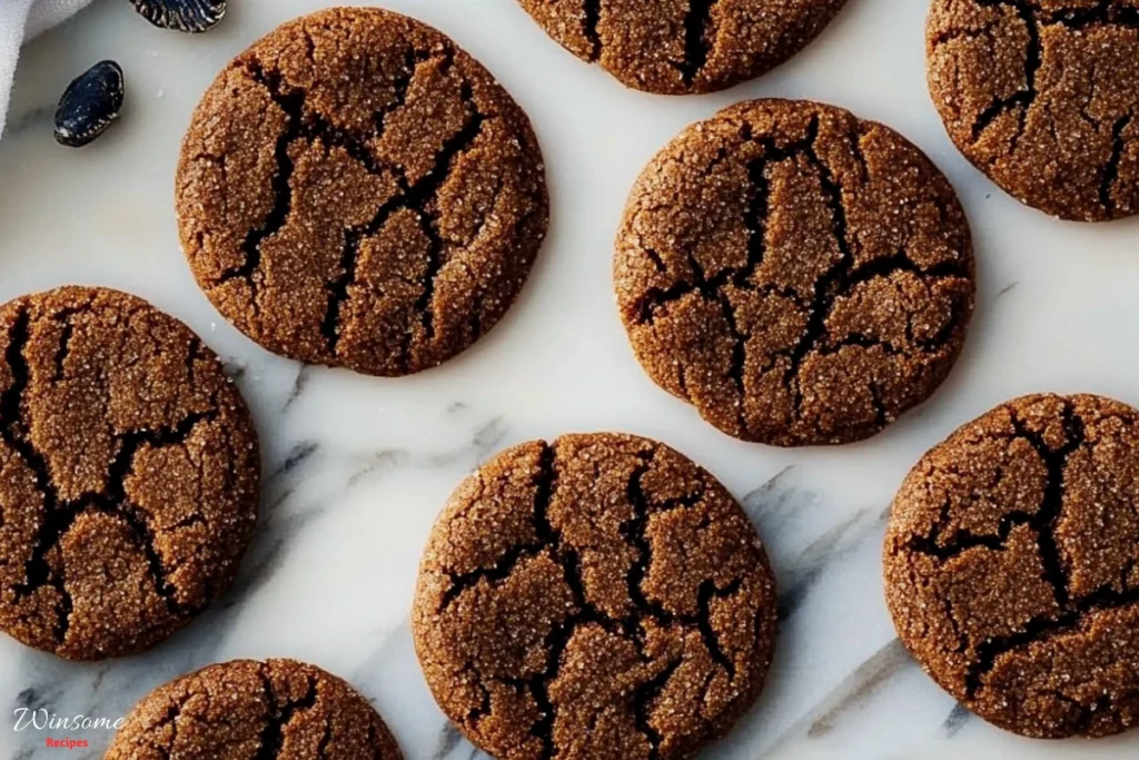 A close-up of a dozen soft molasses cookies arranged on a beautiful marble surface.