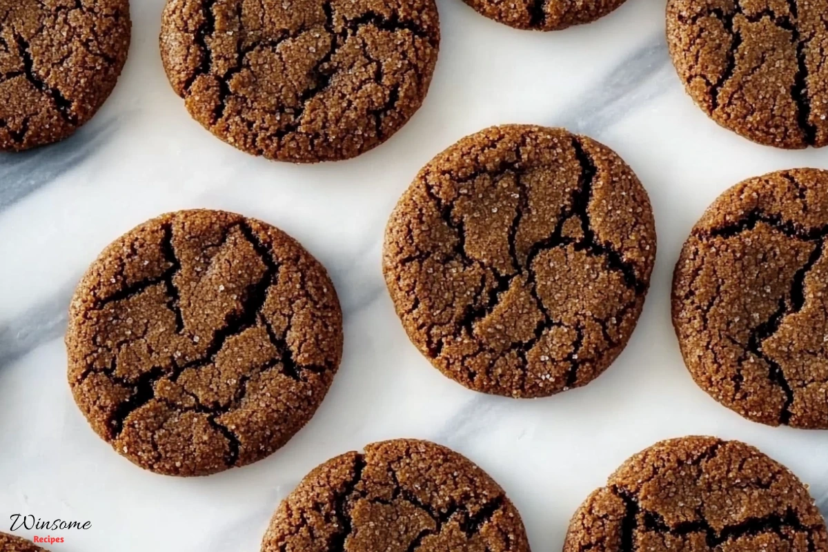 A close-up of a dozen soft molasses cookies arranged on a beautiful marble surface.