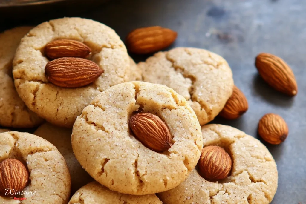 Homemade almond cookies with a golden crust, topped with whole almonds, perfect for tea-time or as a delightful snack