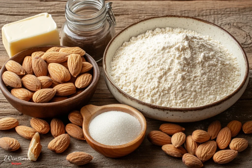 ingredients for Badam cookies, showcasing a bowl of finely ground almonds, a pile of whole almonds with their skins, a small dish of granulated sugar, a block of unsalted butter, a jar of vanilla extract, and a bowl of flour, all set on a rustic wooden table.