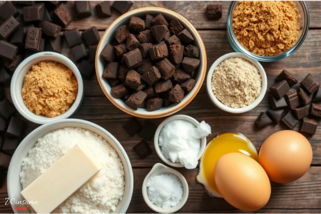 A beautifully arranged flat lay of fresh ingredients for chocolate pound cake, featuring rich dark chocolate chunks, smooth cocoa powder, golden granulated sugar, creamy butter, farm-fresh eggs, and a pinch of salt, all set on a rustic wooden table with a warm light illuminating the scene, creating an inviting and mouth-watering atmosphere.