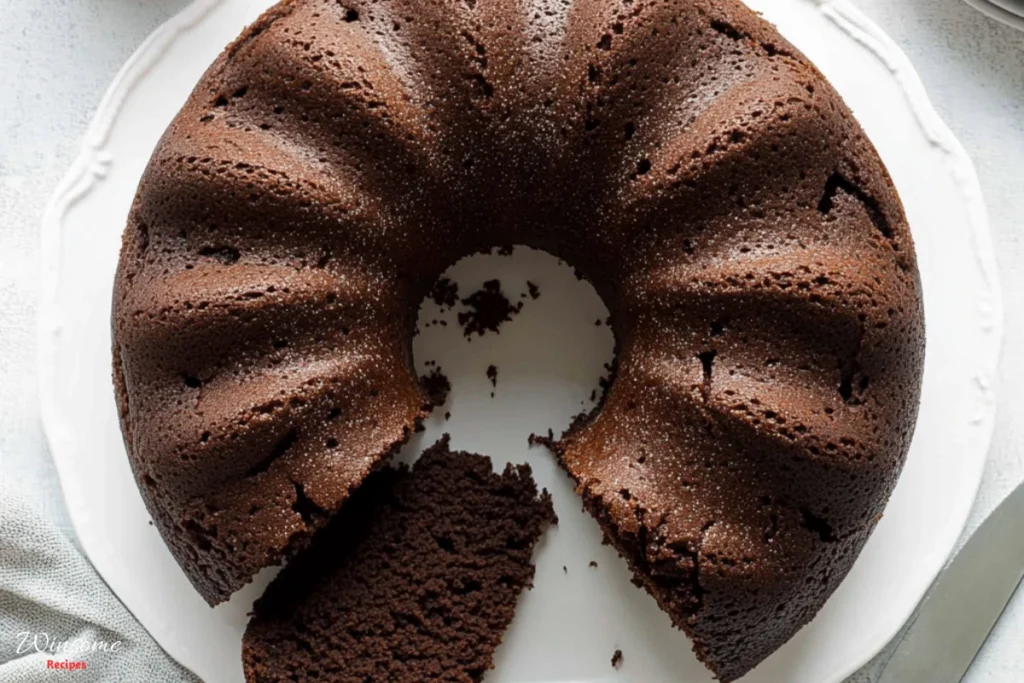 A decadent chocolate pound cake, rich and moist in a white plate