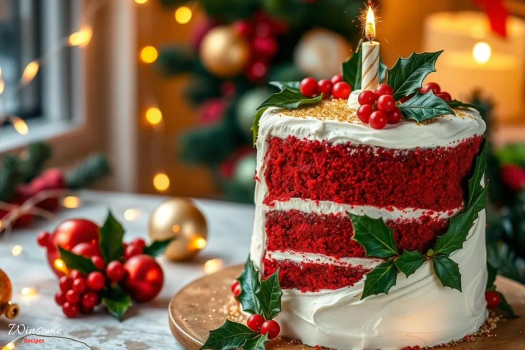 A beautifully decorated Christmas birthday cake featuring layers of rich red velvet and creamy white frosting, adorned with vibrant green holly leaves and bright red berries, topped with shimmering edible gold dust and surrounded by festive ornaments and twinkling fairy lights, set against a cozy holiday backdrop.