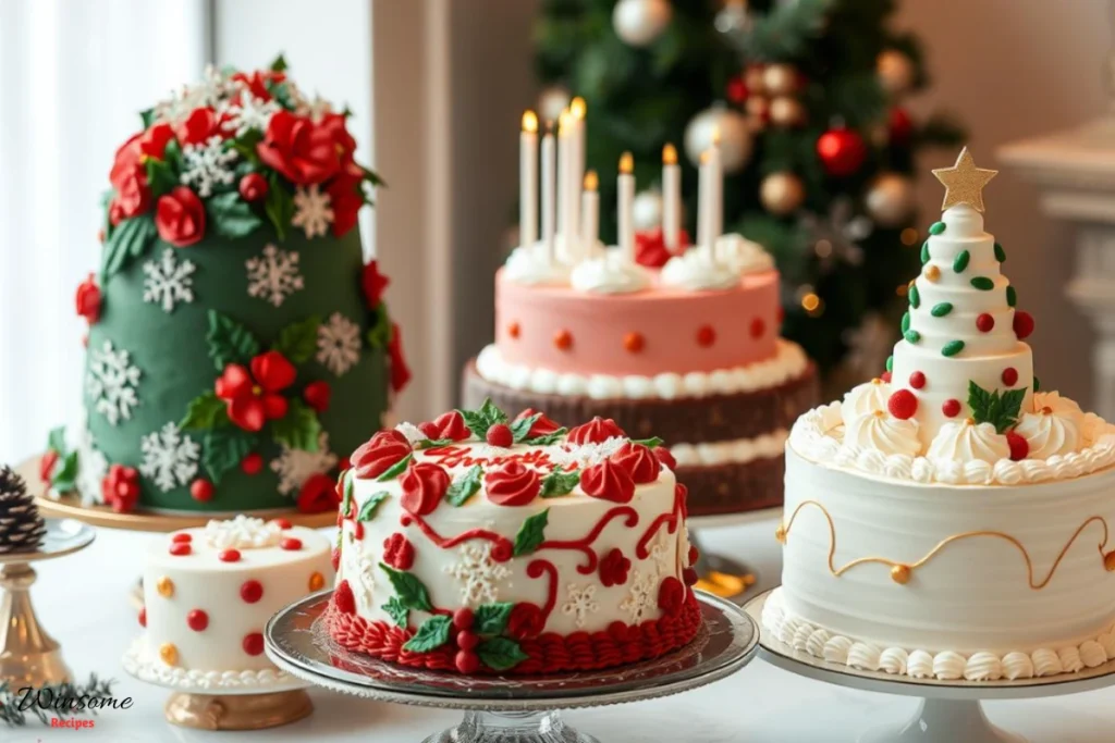 An array of beautifully decorated Christmas birthday cakes, featuring rich fondant designs, festive colors like red, green, and gold, intricate sugar snowflakes, holly leaves, and candles. 