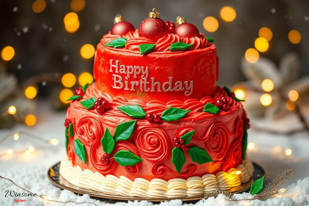 A beautifully decorated two-tier Christmas birthday cake, featuring rich red and green frosting, adorned with festive ornaments and sugar holly leaves, surrounded by twinkling fairy lights and a snowy backdrop, emphasizing warm holiday cheer and indulgent sweetness.
