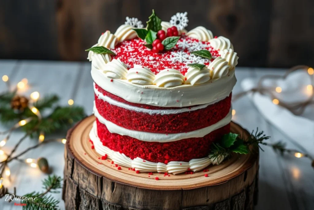 A beautifully decorated Christmas birthday cake featuring layers of red velvet and white cream cheese frosting, adorned with festive decorations like edible glitter, holly leaves, and miniature snowflakes, set on a rustic wooden cake stand surrounded by twinkling fairy lights and pine branches.