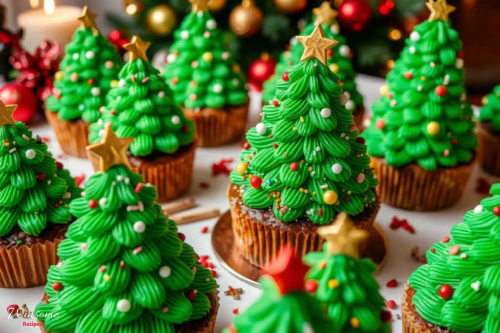 Christmas tree cupcakes decorated with colorful frosting, arranged neatly on a white table, ready for the holiday celebration.