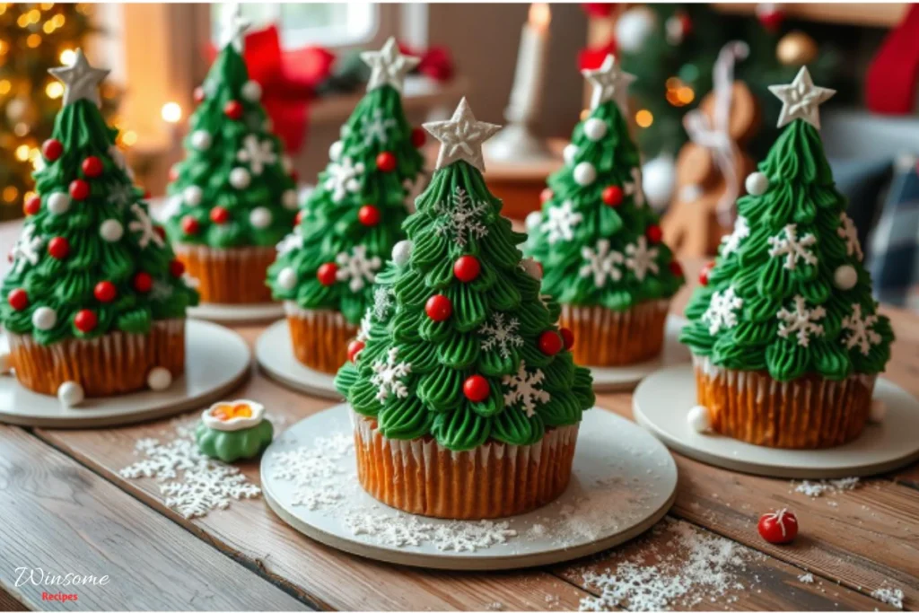 Christmas tree cupcakes decorated with green frosting and colorful sprinkles, resembling festive holiday trees.