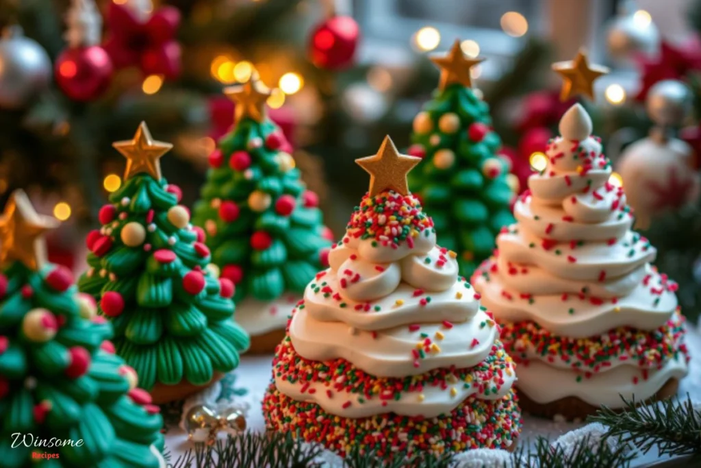 Festive Christmas tree cakes adorned with colorful sprinkles and shining stars, perfect for holiday celebrations.