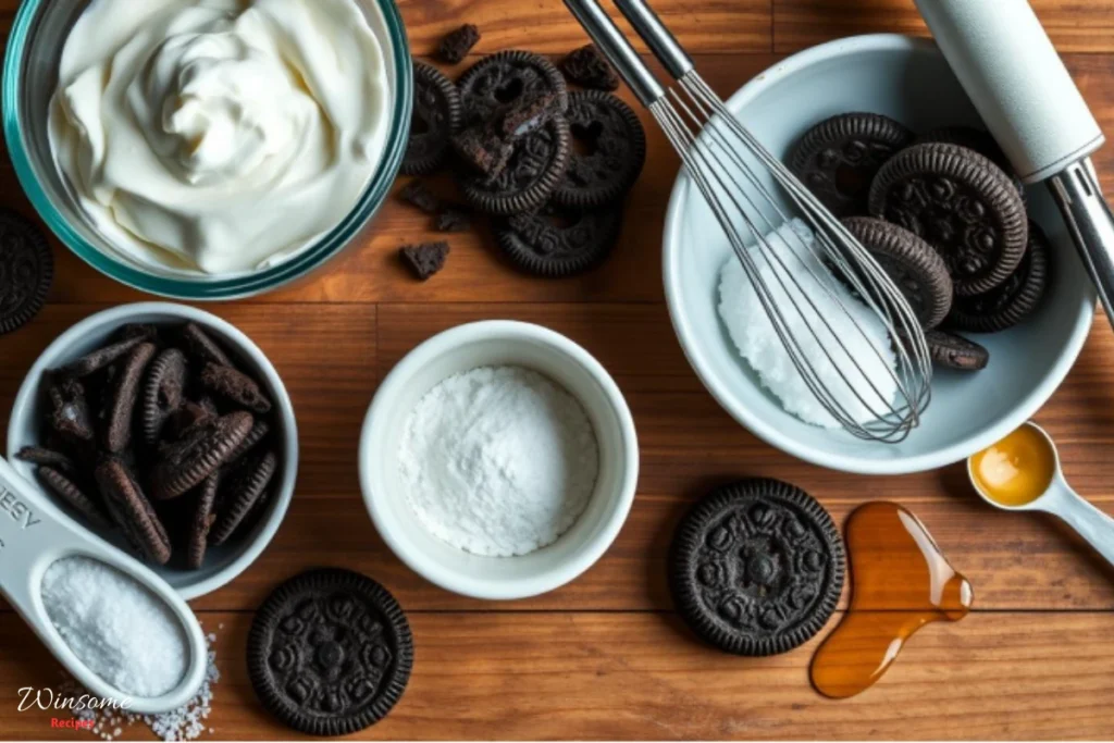Ingredients for cookies and cream ice cream, including crushed cookies, cream, and milk, arranged on a countertop.