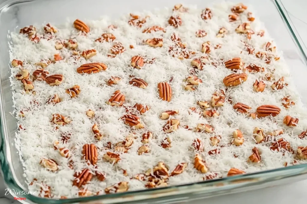 A glass baking dish with an even layer of shredded coconut and chopped pecans spread across the bottom. The mixture has a textured, rustic appearance with white coconut shreds contrasting against the golden-brown pecans. The setting is a bright, minimal kitchen countertop with soft, natural lighting highlighting the ingredients' textures