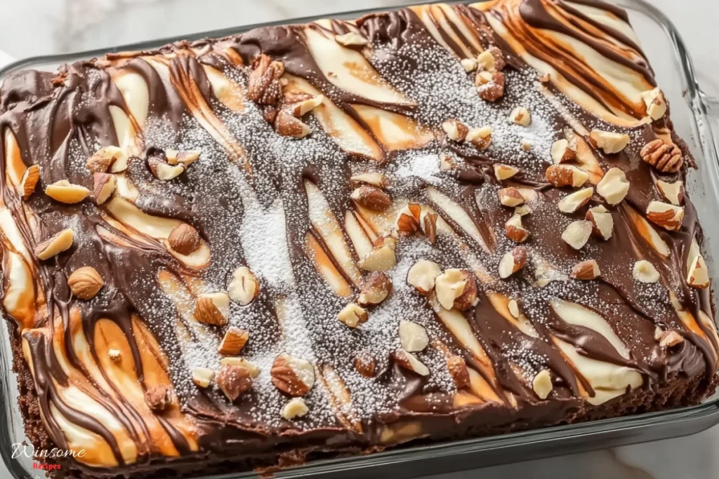 A decadent, gooey chocolate cake with a cracked, earthquake-like surface, revealing layers of rich melted chocolate, swirls of creamy cheesecake filling, and chunks of nuts peeking through. The cake is set on a rustic wooden table with a slight crumbly edge