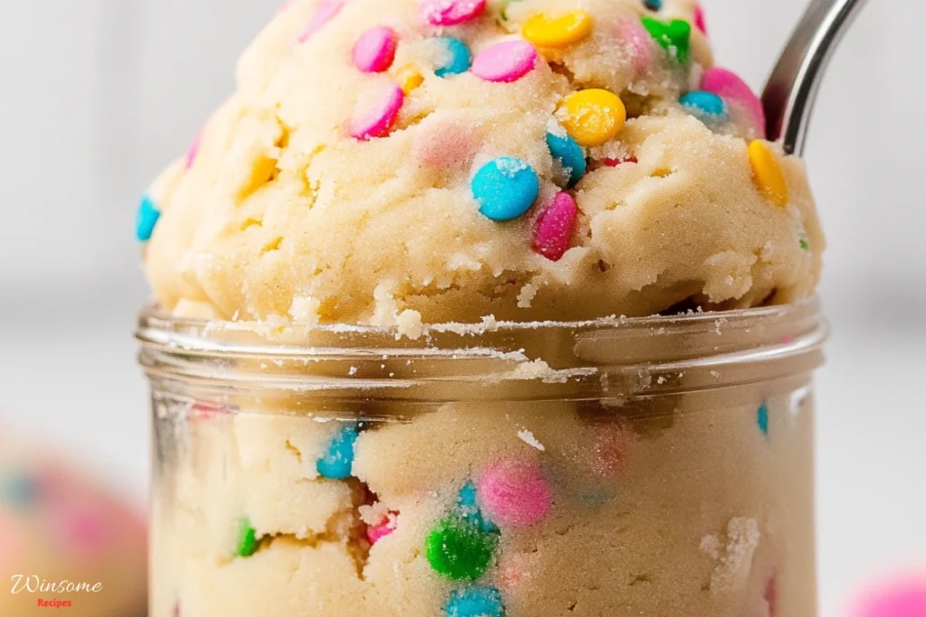 A jar filled with edible sugar cookie dough topped with colorful sprinkles and surrounded by edible sugar cookie dough.