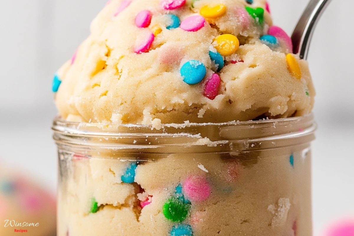 A jar filled with edible sugar cookie dough topped with colorful sprinkles and surrounded by edible sugar cookie dough.