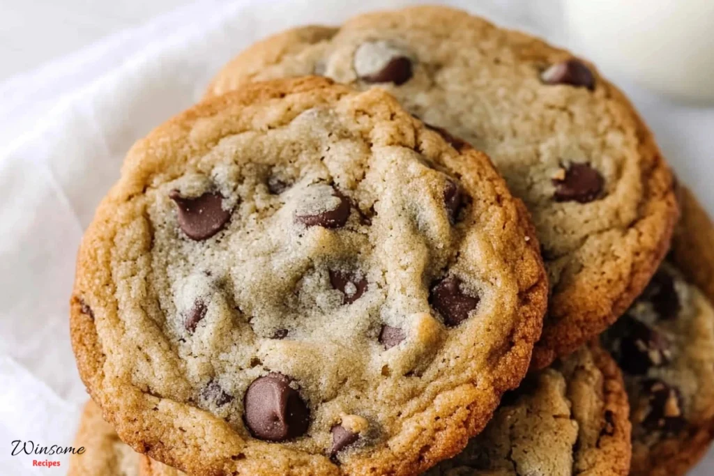 A delicious stack of eggless chocolate chip cookies beside a glass of milk, perfect for a sweet treat!