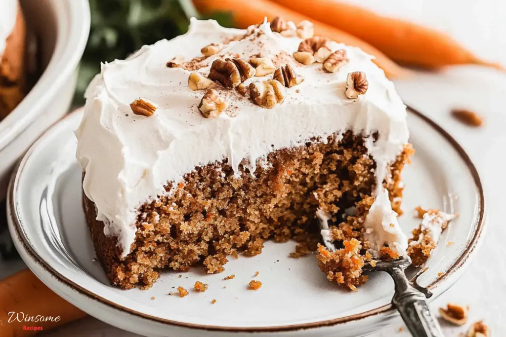 A moist and fluffy gluten free carrot cake, beautifully decorated with a smooth cream cheese frosting. The cake is topped with delicate carrot shavings, crushed nuts, and a dusting of cinnamon. It sits on a vintage cake stand, surrounded by whole carrots, fresh herbs, and a light sprinkle of chopped walnuts.