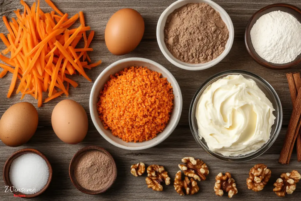 A beautifully arranged flat lay of gluten-free carrot cake ingredients, including finely grated carrots, almond flour, coconut flour, eggs, baking powder, cinnamon sticks, brown sugar, walnuts, and a bowl of fresh cream cheese frosting