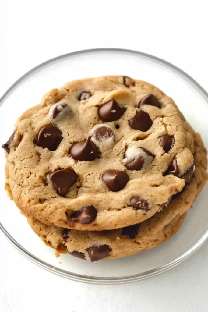 A gluten free chocolate chip cookie resting on a clear plate, showcasing its delicious, gooey chocolate chips.