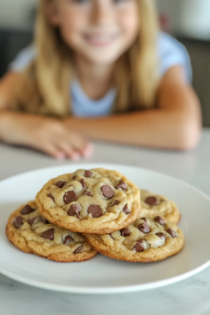 A young girl smiles while sitting in front of a plate of gluten-free chocolate chip cookies.