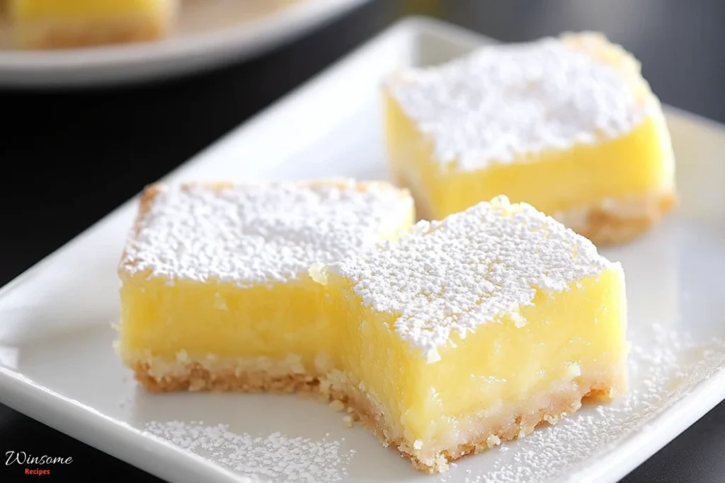 gluten free lemon bars recipe with powdered sugar on a white plate, showcasing a delicious gluten-free dessert.