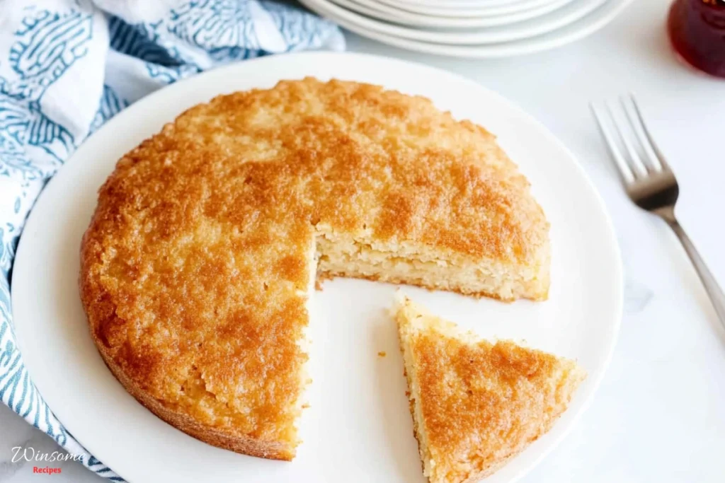 an image of a traditional hoe cake, which is a simple cornbread-like dish. It’s round, golden-brown, and served on a white plate. A slice has been cut and partially removed. In the background, there's a small jar of what appears to be jam, accompanied by white plates and utensils wrapped in a blue and white cloth.