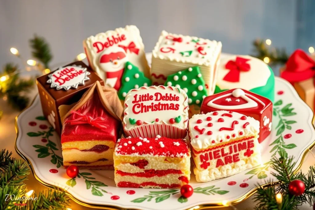 An assortment of Little Debbie Christmas Cakes, featuring festive designs and vibrant colors, arranged on a beautifully decorated holiday platter, surrounded by twinkling fairy lights and pine branches, conveying a warm and cheerful Christmas atmosphere.