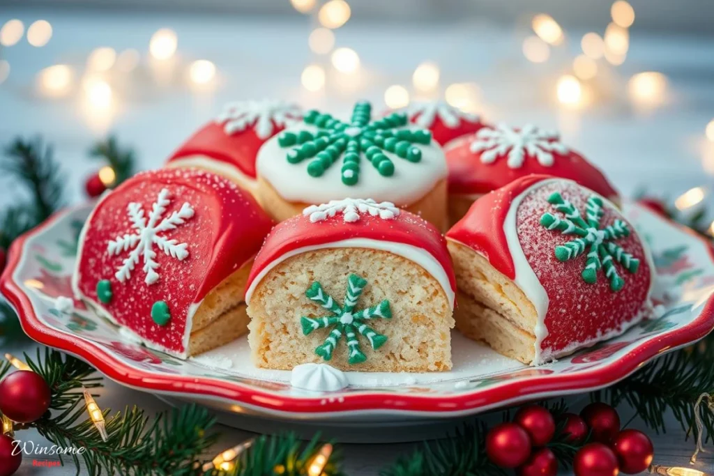 Festive display of Little Debbie Christmas Cakes, beautifully arranged on a decorative holiday platter, featuring vibrant red and green icing, snowflake patterns, and sprinkled with edible glitter, surrounded by twinkling fairy lights and pine branches, evoking a warm and joyful holiday atmosphere.