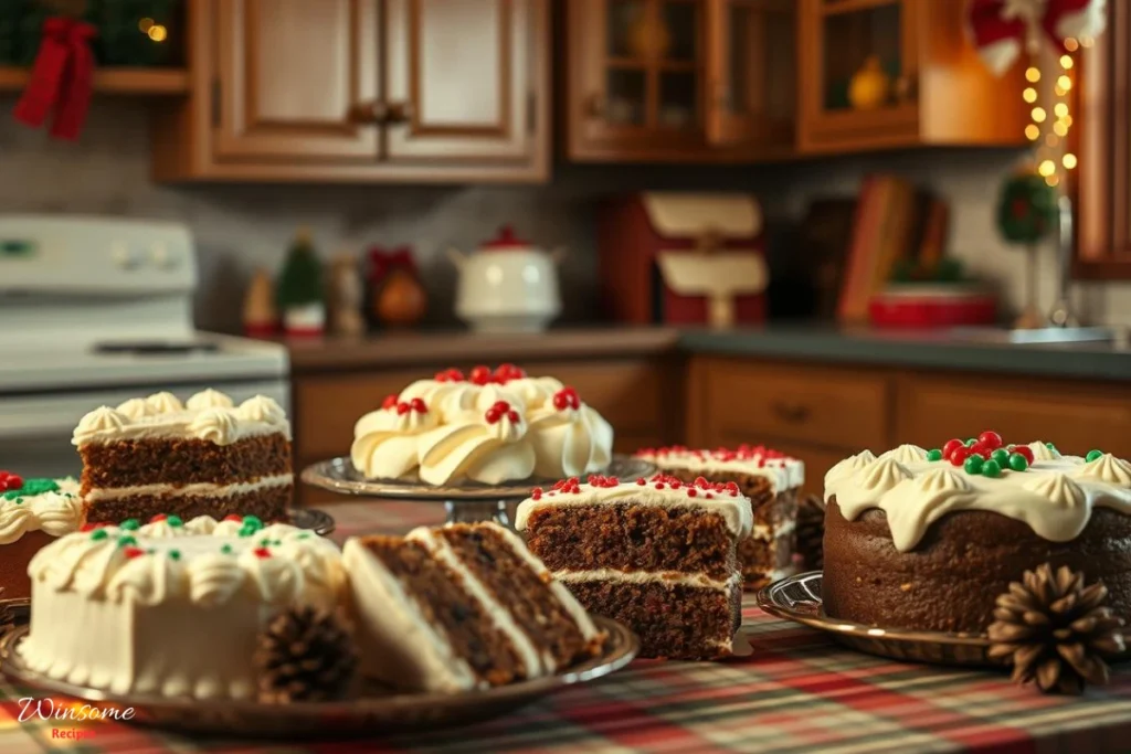 A nostalgic kitchen scene featuring a variety of Little Debbie Christmas Cakes arranged on a festive table, surrounded by holiday decorations like twinkling lights and pinecones.