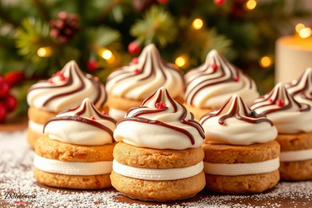 A festive arrangement of Little Debbie Christmas Zebra Cakes, showcasing their iconic white and chocolate striped frosting, set against a cozy holiday background with twinkling lights and pine branches, featuring a sprinkle of powdered sugar for an extra touch of winter magic.