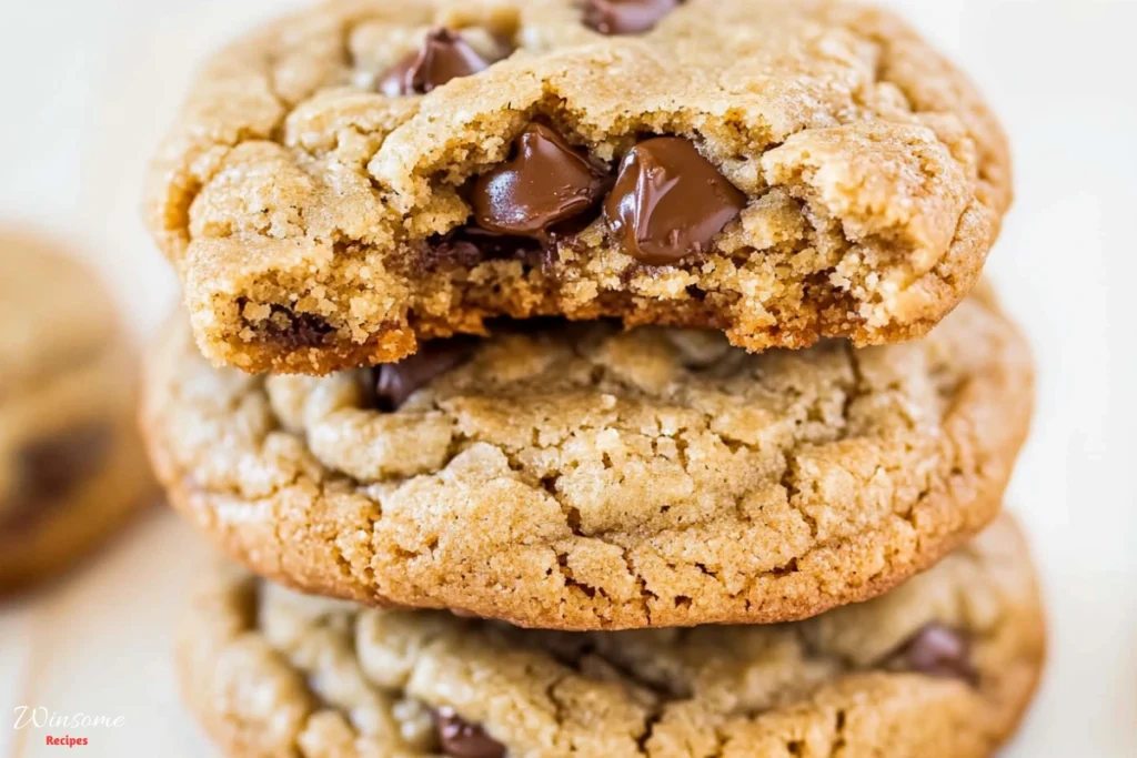 A close-up of a delicious mrs fields cookie recipe, showcasing its gooey chocolate chips and golden-brown edges.