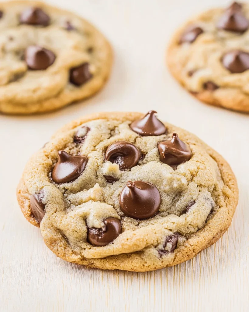 Three delicious chocolate chip cookies with melted chocolate chips on a clean white background, inspired by Mrs. Fields' recipe.