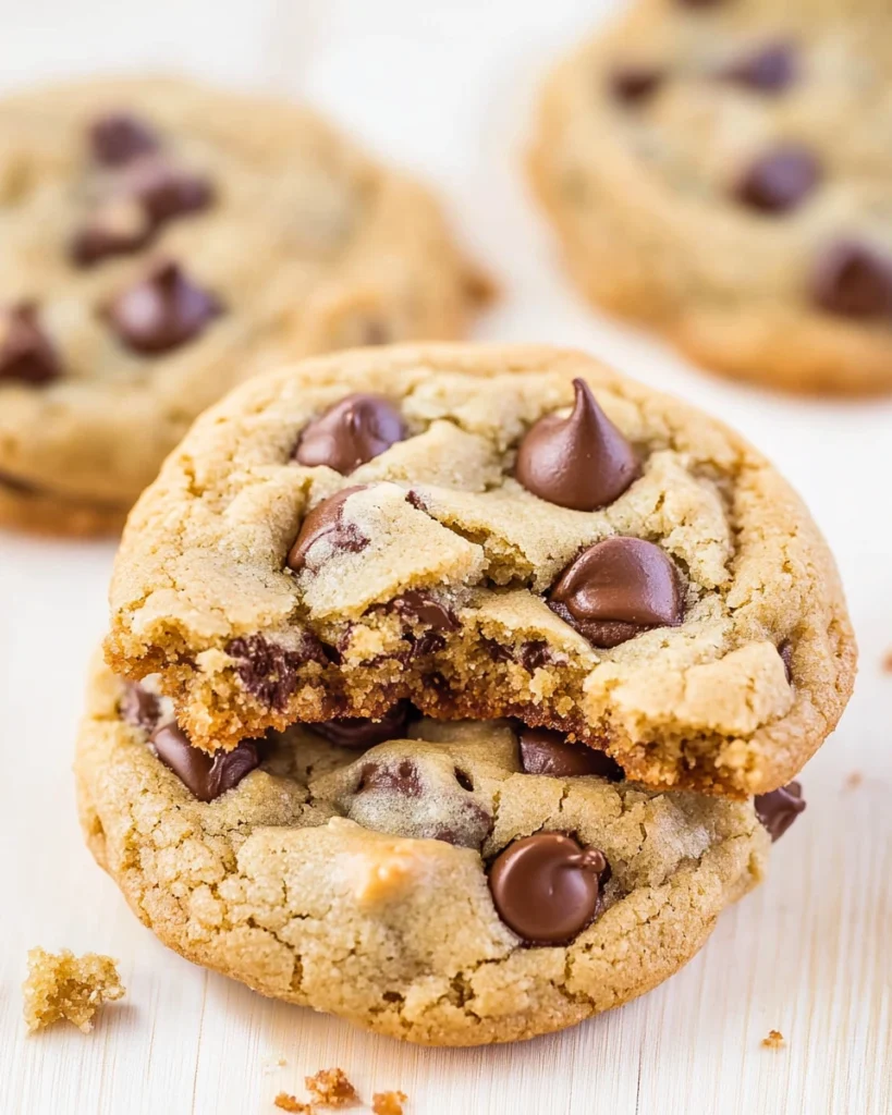 A close-up of a chocolate chip cookie with a bite taken out, showcasing its gooey chocolate and soft texture.