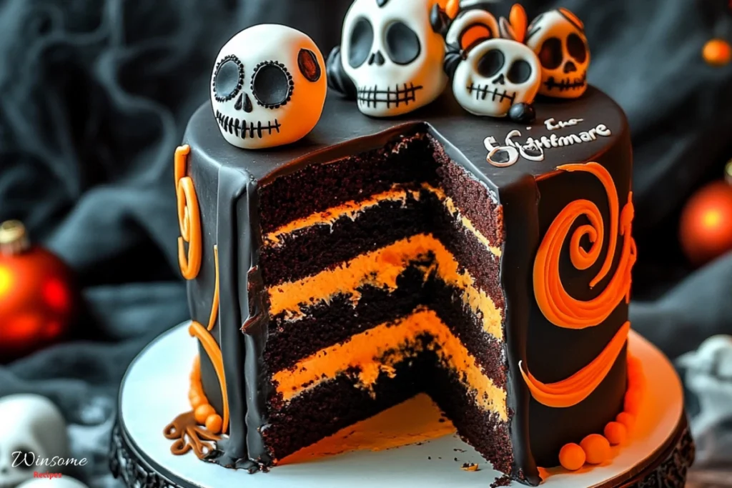 A Nightmare Before Christmas-themed cake with a slice removed, showcasing festive decorations and vibrant colors.