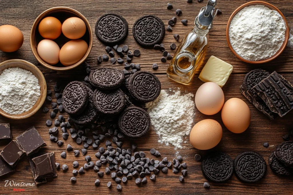 A beautifully arranged flat lay of fresh ingredients for chocolate chip Oreo cookies, featuring a pile of chocolate chips, whole Oreos, brown sugar, white sugar, a stick of butter, eggs in their shells, flour in a bowl, baking soda, and vanilla extract bottle.