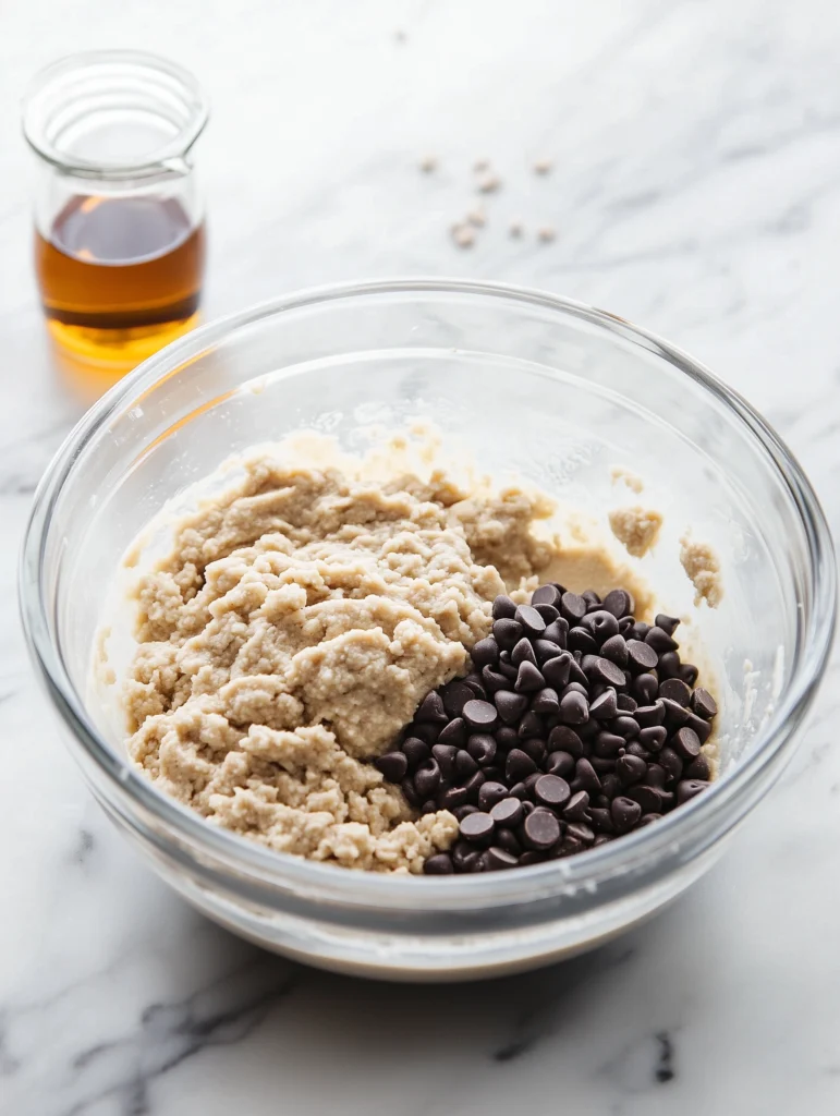 A bowl of creamy, golden protein cookie dough surrounded by scattered chocolate chips, oatmeal, and chopped nuts