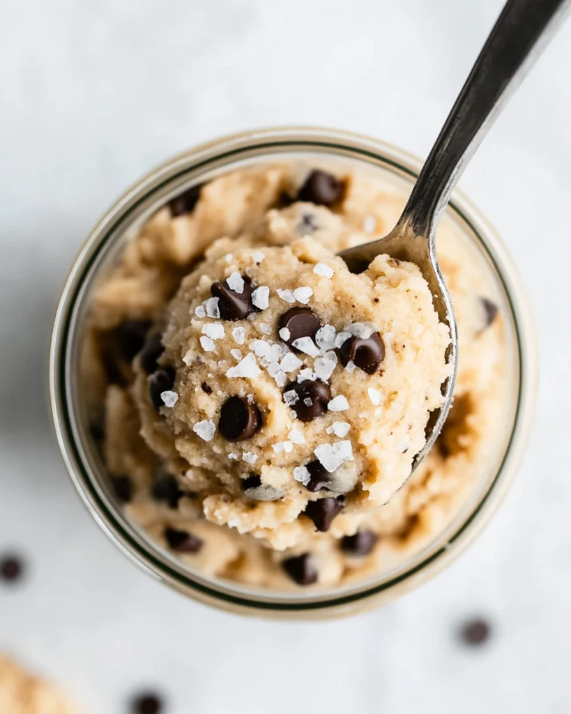 A close-up top-down view of a jar filled with creamy protein cookie dough, sprinkled with coarse sea salt and studded with mini chocolate chips. 
