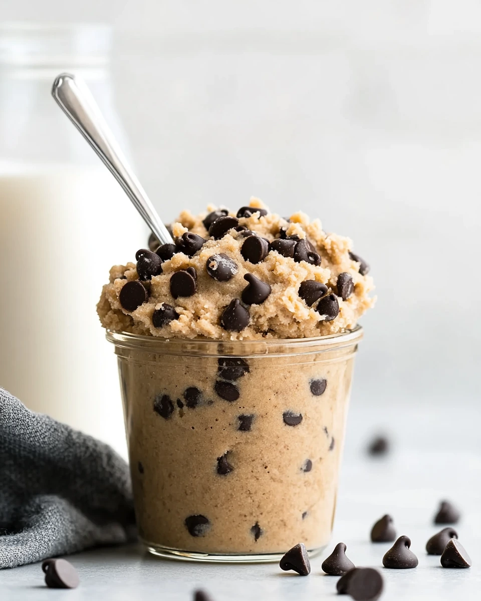 A delicious and healthy protein cookie dough recipe presented in a glass jar, filled with creamy edible cookie dough and sprinkled generously with mini chocolate chips