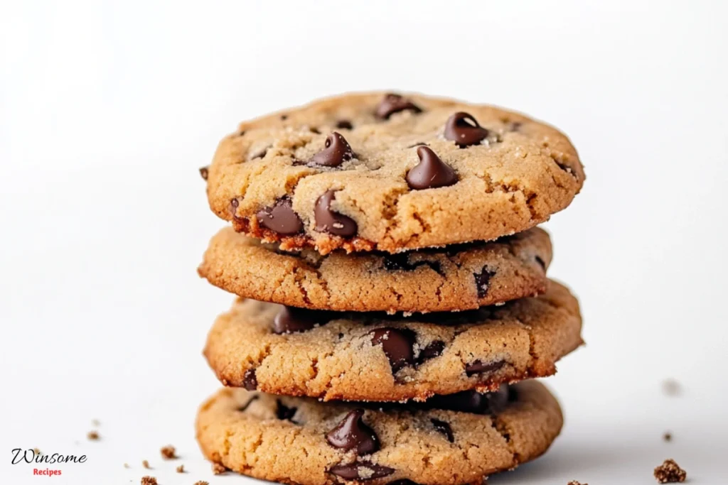 a stack of 5 protein cookies on a white background with a few crumbs around them.