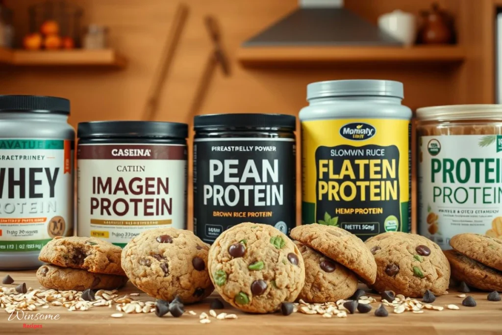 various types of protein powder for baking, featuring containers of whey protein, casein protein, pea protein, brown rice protein, and hemp protein, set against a warm kitchen backdrop.