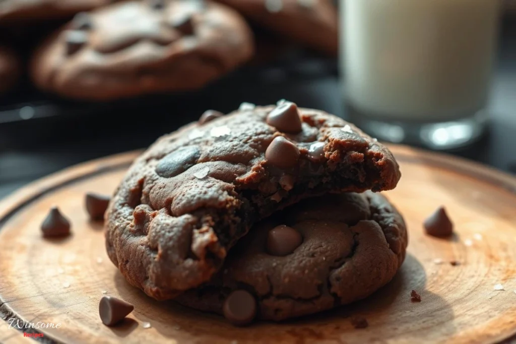 Close-up of freshly baked chocolate protein cookies, warm and soft, with chocolate chips melting, sprinkled with sea salt, placed on a rustic wooden plate